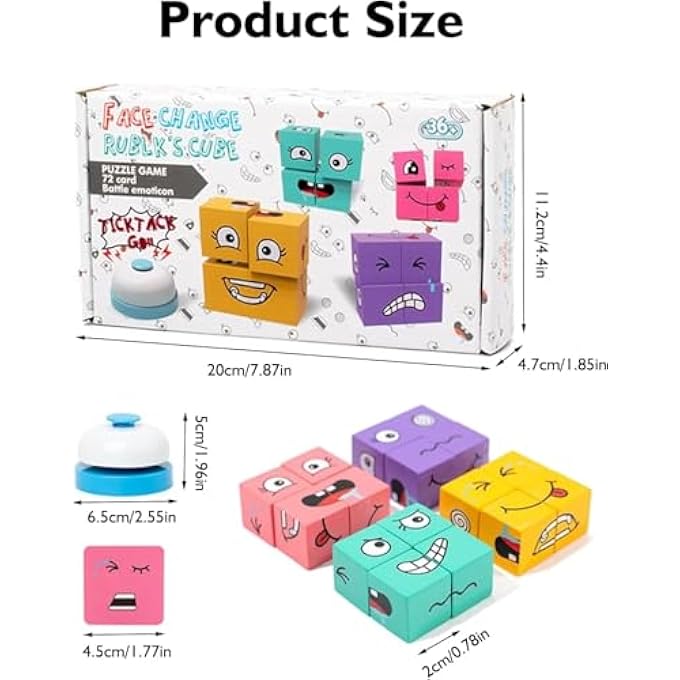 FACE CHANGING MAGIC CUBE GAME,WOODEN 3D PUZZLE FACE CHANGING CUBE GAME WITH BELL, EMOJI GAME EDUCATIONAL PUZZLES TOY BOARD GAMES FOR KIDS CHRISTMAS BIRTHDAY (A) - Image 2